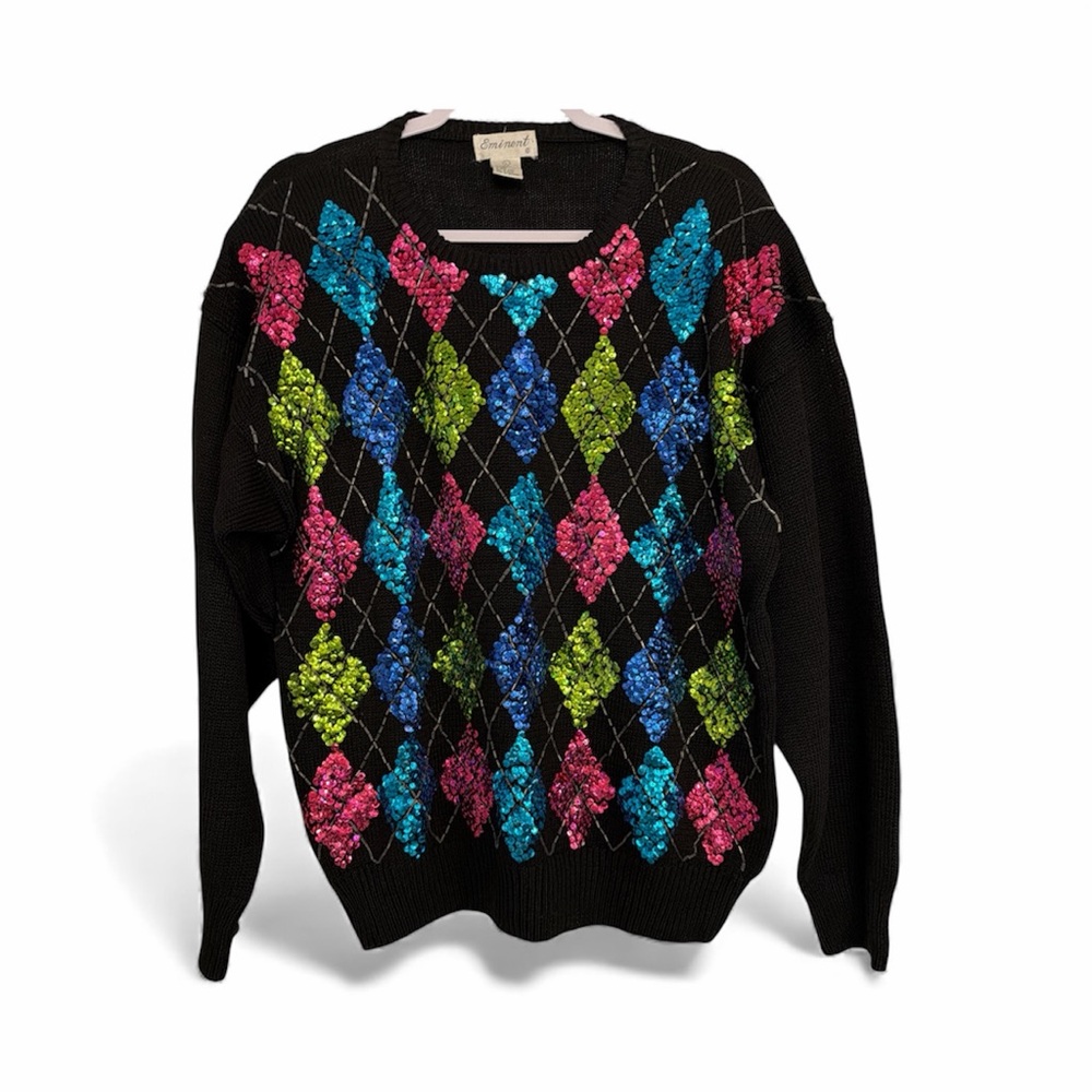 Vintage 80s/90s Sequin Argyle Sweater Maximalist Retro Neon Rave